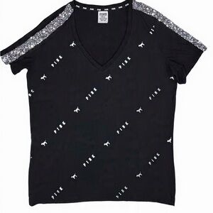 Victoria's Secret PINK black V-neck t-shirt dog logos sequin Silver bling  Sz S